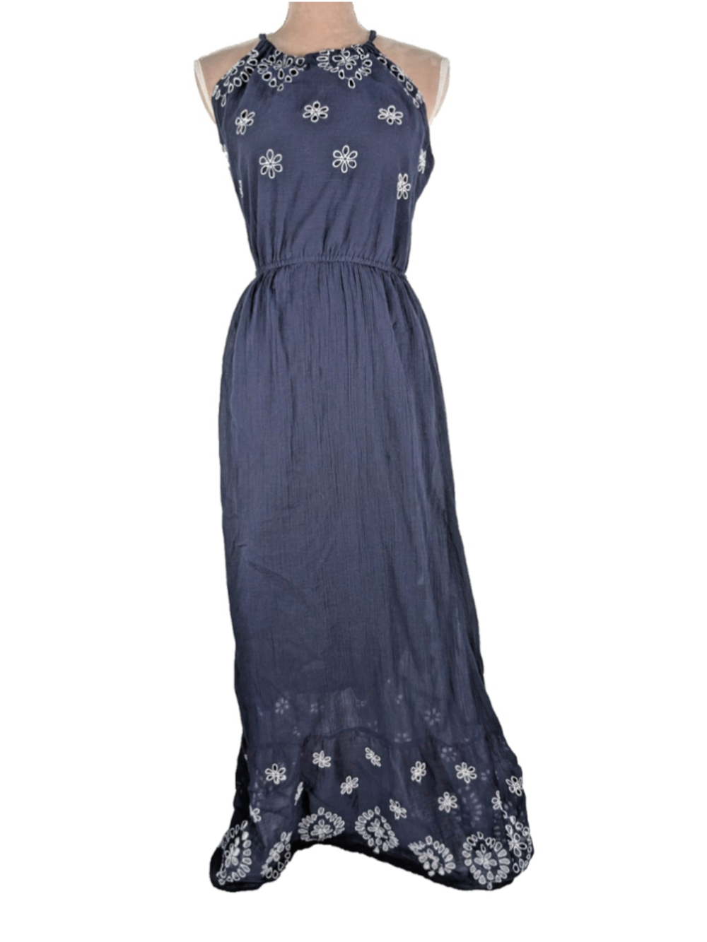 Old Navy Halter Maxi Dress Eyelet Crinkle Gauze Sz S Navy Blue Beachy Nautical